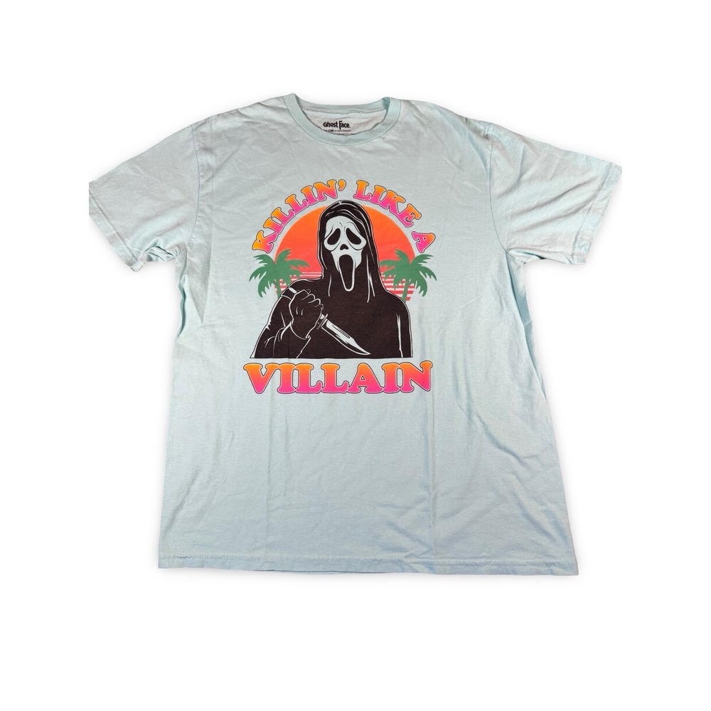 Ghost Face Graphic T Shirt Mens Large Light Blue Like A Villain Horror Scream